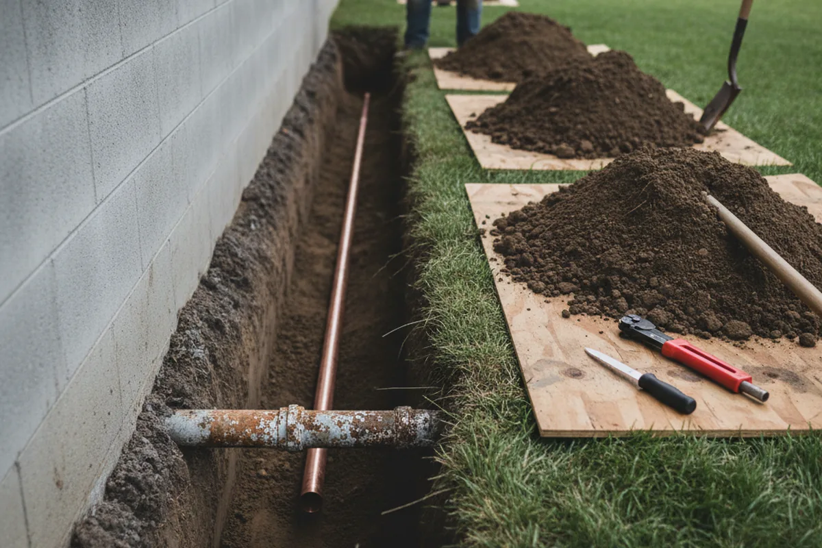 Excavated water line trench during Water Heater Repair in Summerville
